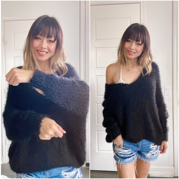 038  Cozy Black Fuzzy Off Shoulder Sweater Top - Picture 3 of 4
